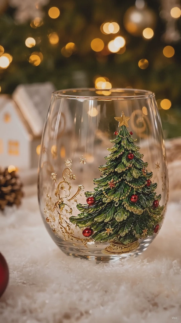 Christmas Tree - the glass turning slowly on fresh snow, tree lights behind it.