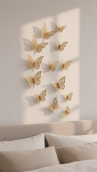 Gold hollow butterfly wall decor on a bedroom wall