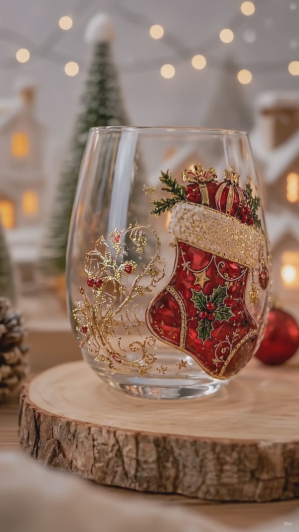 Christmas Stocking - the glass turning on a wood slice in front of a lit village.