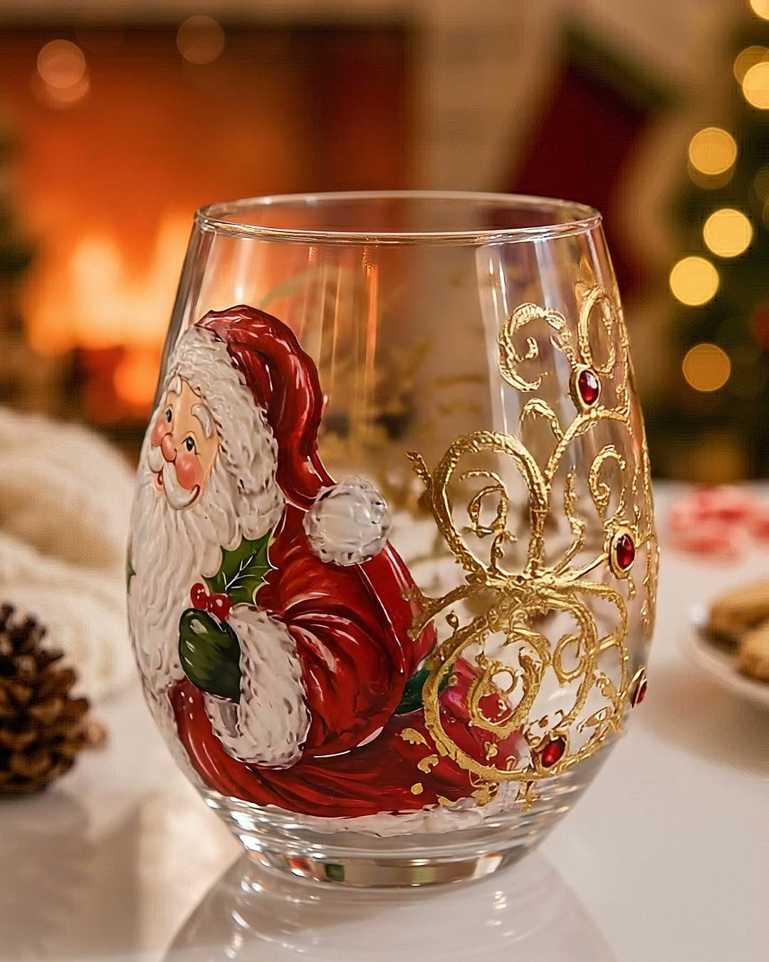 Scene gift: a glass on a table by a lit fireplace, blanket and cookies behind it.