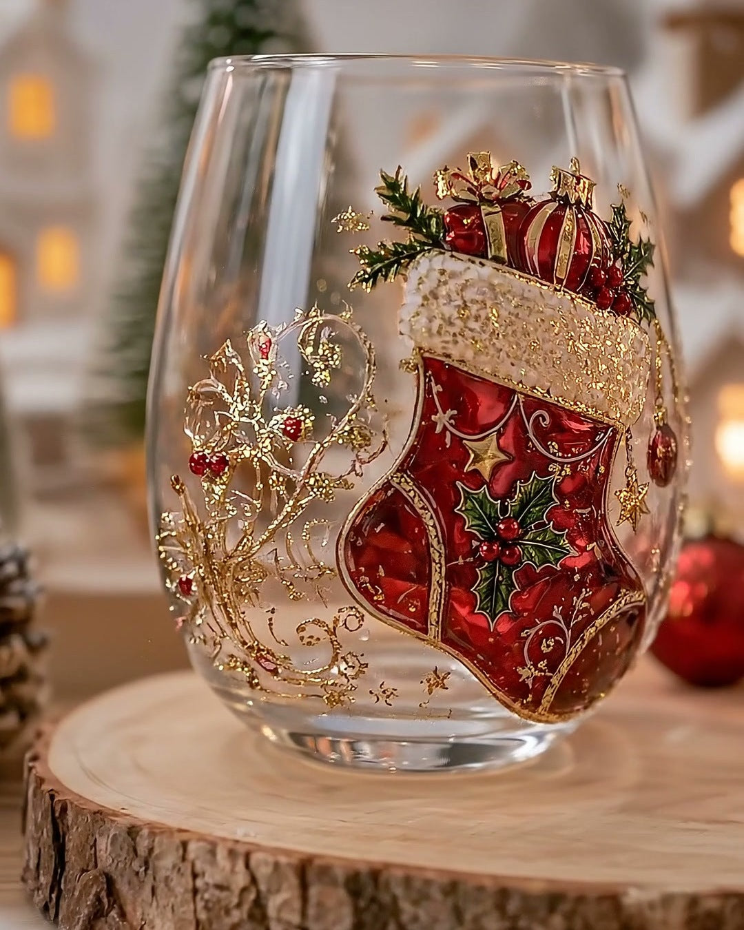 Scene ritual: a glass on a wood slice in the snow, a lit village behind it.
