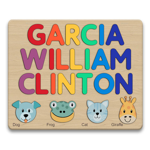 Cute Big Head Animals 02 Personalized Name Puzzle - Wooden Montessori Learning Toys | Ziror