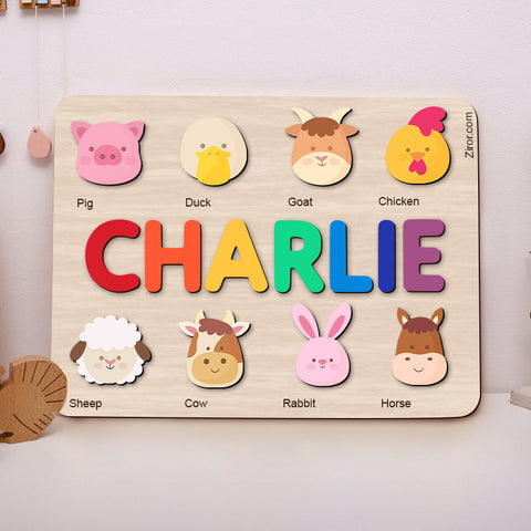 Cute Big Head Animals Personalized Name Puzzle - Wooden Montessori Learning Toys | Ziror