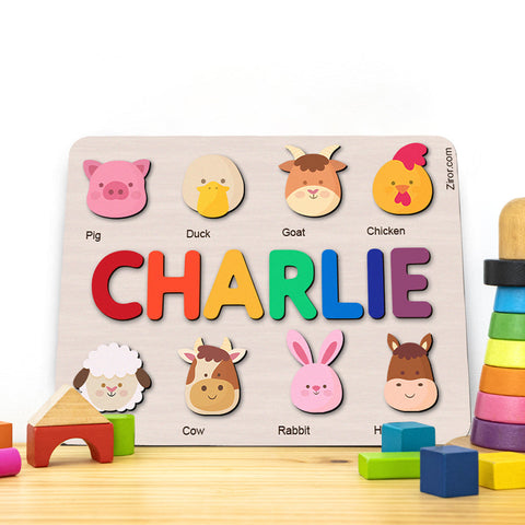 Cute Big Head Animals Personalized Name Puzzle - Wooden Montessori Learning Toys | Ziror