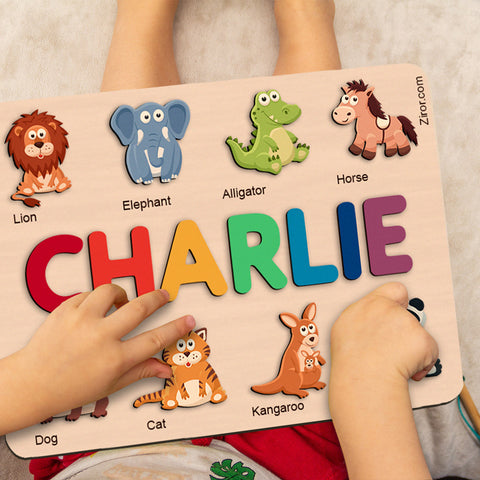 Zoo Animals Personalized Name Puzzle - Wooden Montessori Learning Toys | Ziror
