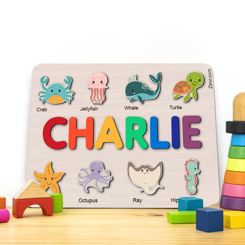 Aquatic Animals Personalized Name Puzzle - Wooden Montessori Learning Toys | Ziror