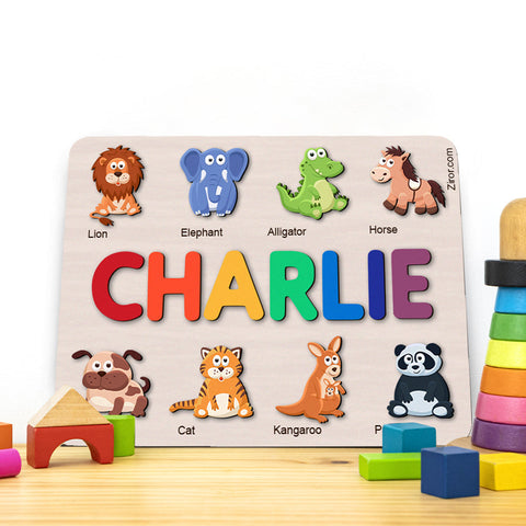 Zoo Animals Personalized Name Puzzle - Wooden Montessori Learning Toys | Ziror