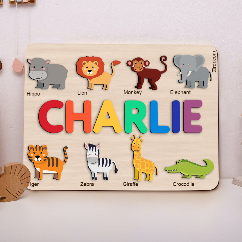 Zoo Animals 02 Personalized Name Puzzle - Wooden Montessori Learning Toys | Ziror