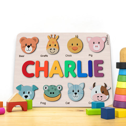 Cute Big Head Animals 02 Personalized Name Puzzle - Wooden Montessori Learning Toys | Ziror