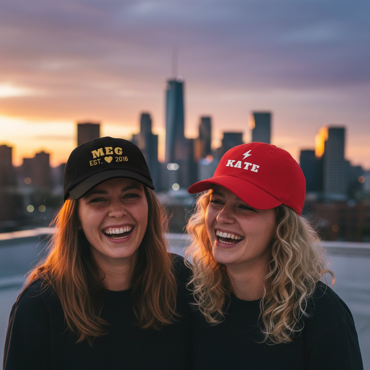 Two best friends laughing in matching embroidered caps with their names stitched on