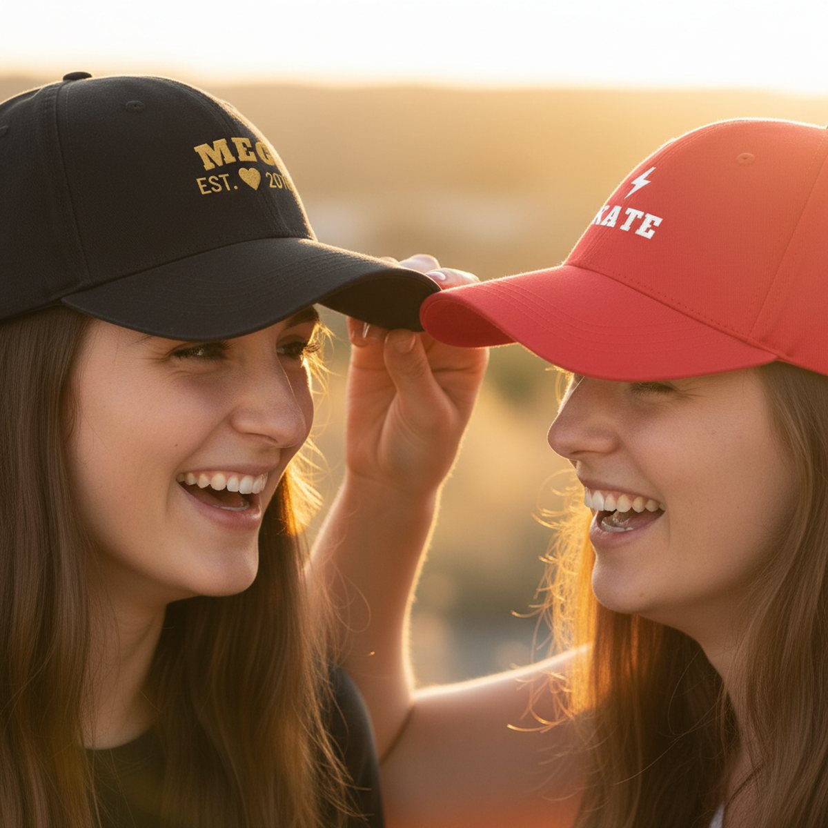 Two friends adjusting each other&rsquo;s embroidered caps