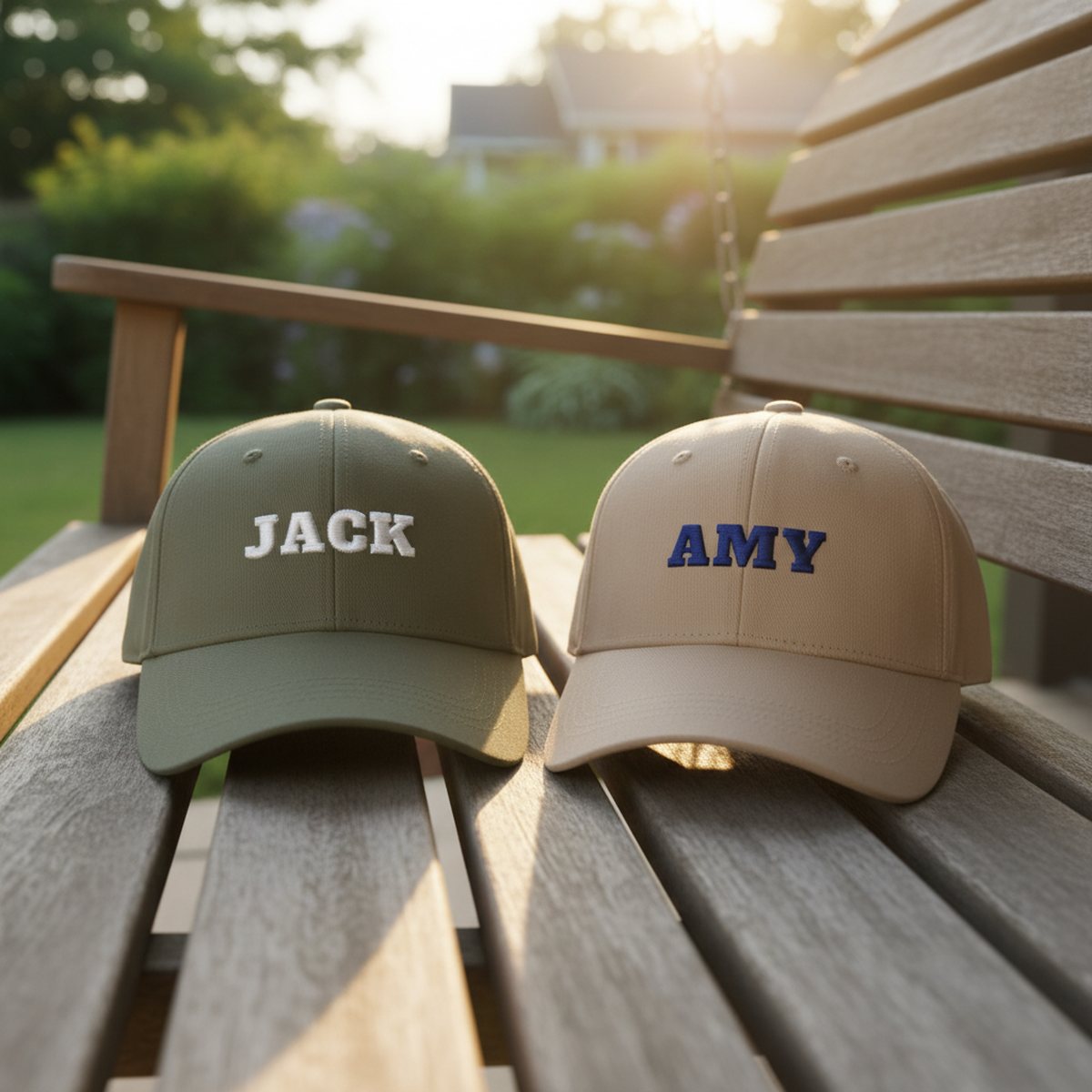 Two matching embroidered caps side by side on a porch swing