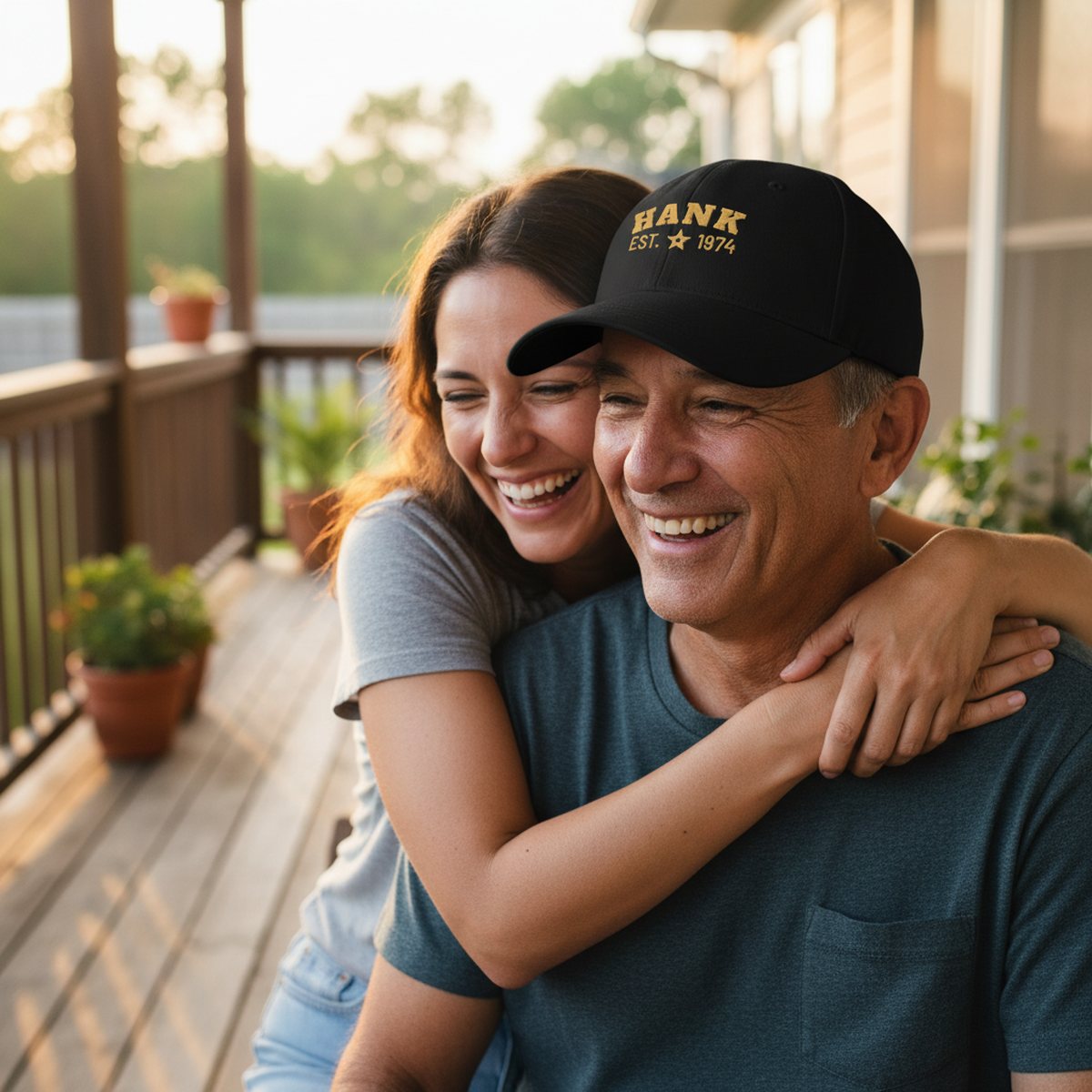 A dad laughing on the porch wearing his black embroidered cap while his daughter hugs him