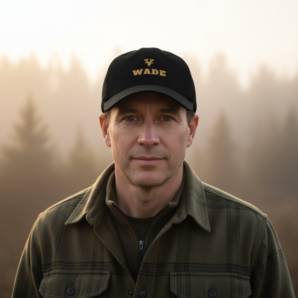 A hunter at dawn wearing a black embroidered cap with his name on the front