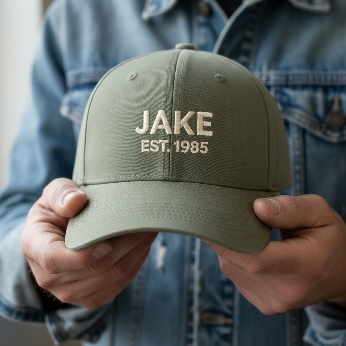 Hands holding an olive embroidered cap, name stitched in cream thread on the front panel