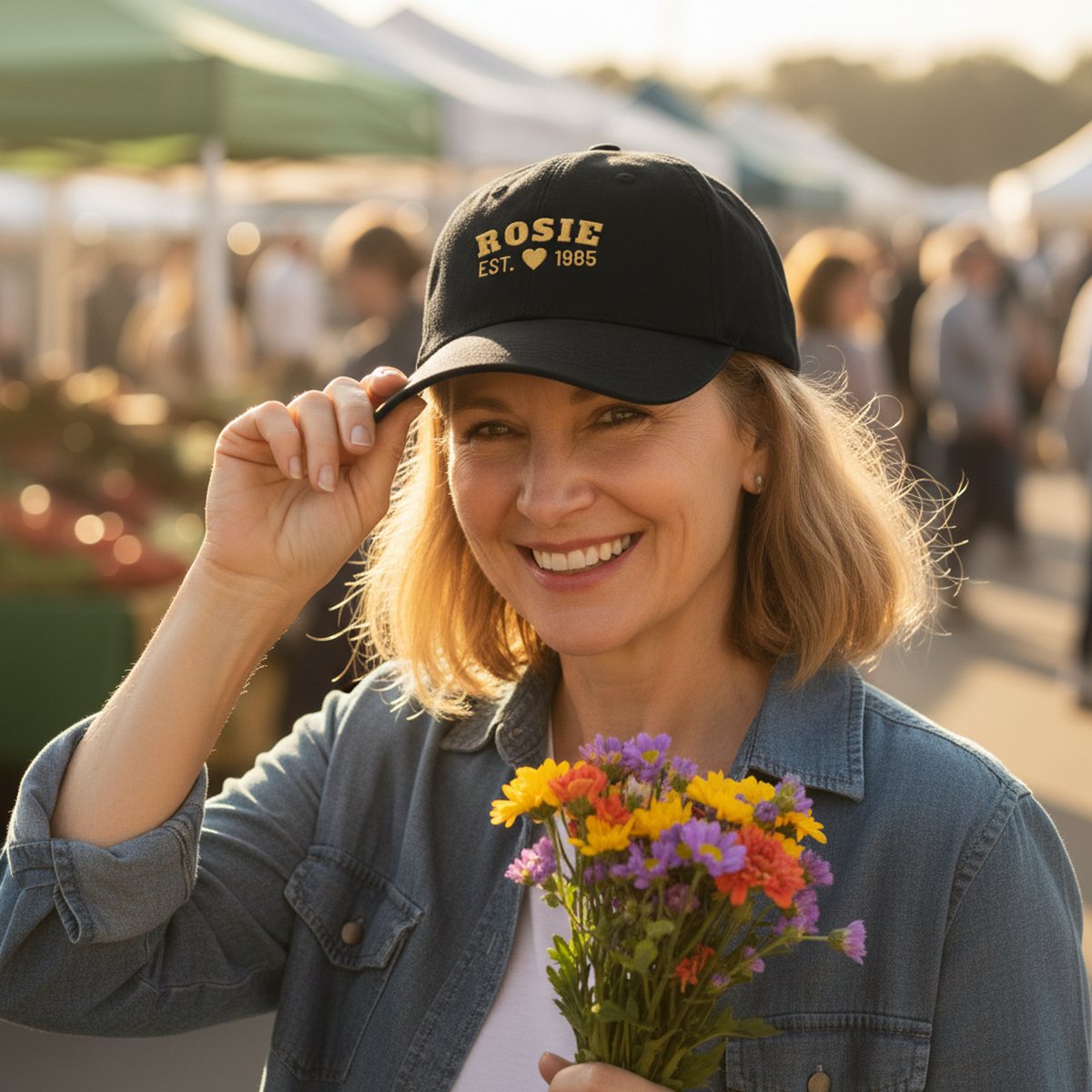 A mom at the farmers market smiling in her black embroidered cap