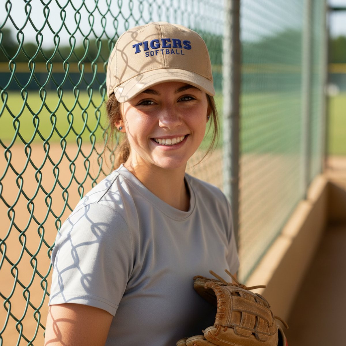 A softball player at the dugout fence wearing her embroidered team cap