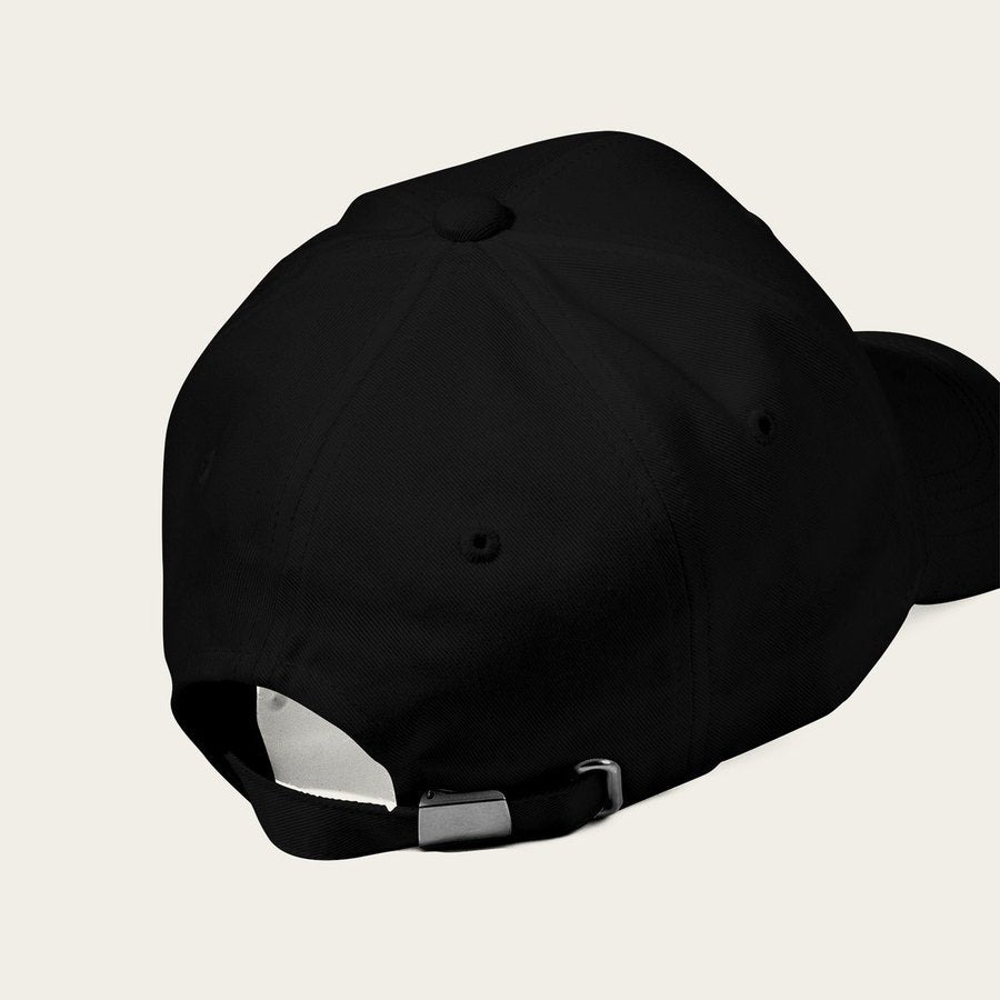 Back of the embroidered cap: solid fabric panels, no mesh, metal buckle strap closure
