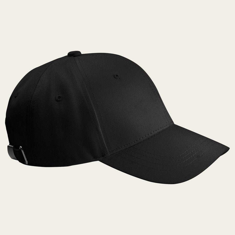 Side of the embroidered cap: structured six-panel crown and pre-curved visor