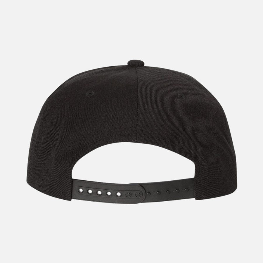 Back of the cap: solid wool-blend rear panel with no mesh, and the adjustable snapback strap