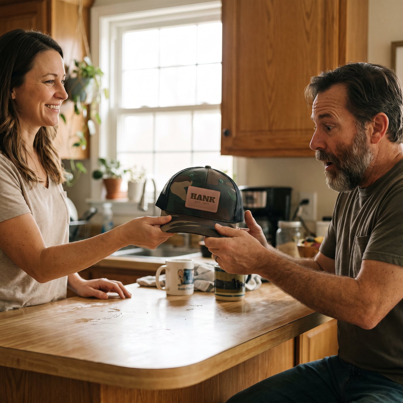 A trucker hat with a name patch handed over a kitchen counter
