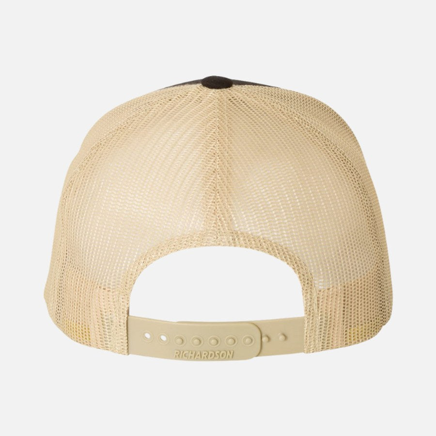 Back of the cap: khaki mesh panels, a deep roomy crown and the adjustable snapback strap