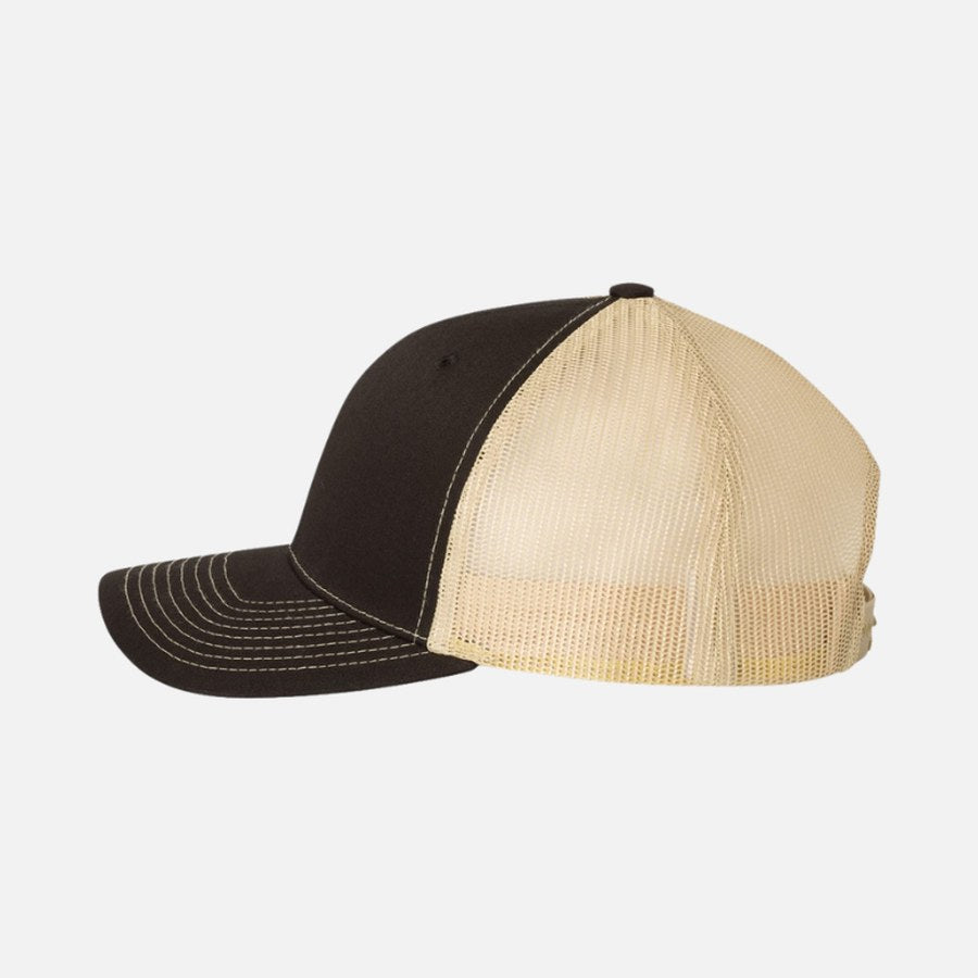 Side profile of the cap: mid-profile crown, pre-curved bill and khaki mesh side panels