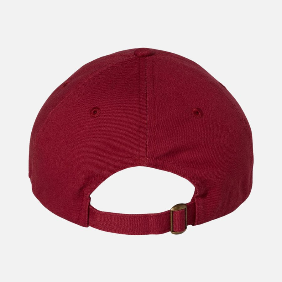 Back of the cap: a self-fabric strap fastened with a small antique-brass tri-glide buckle