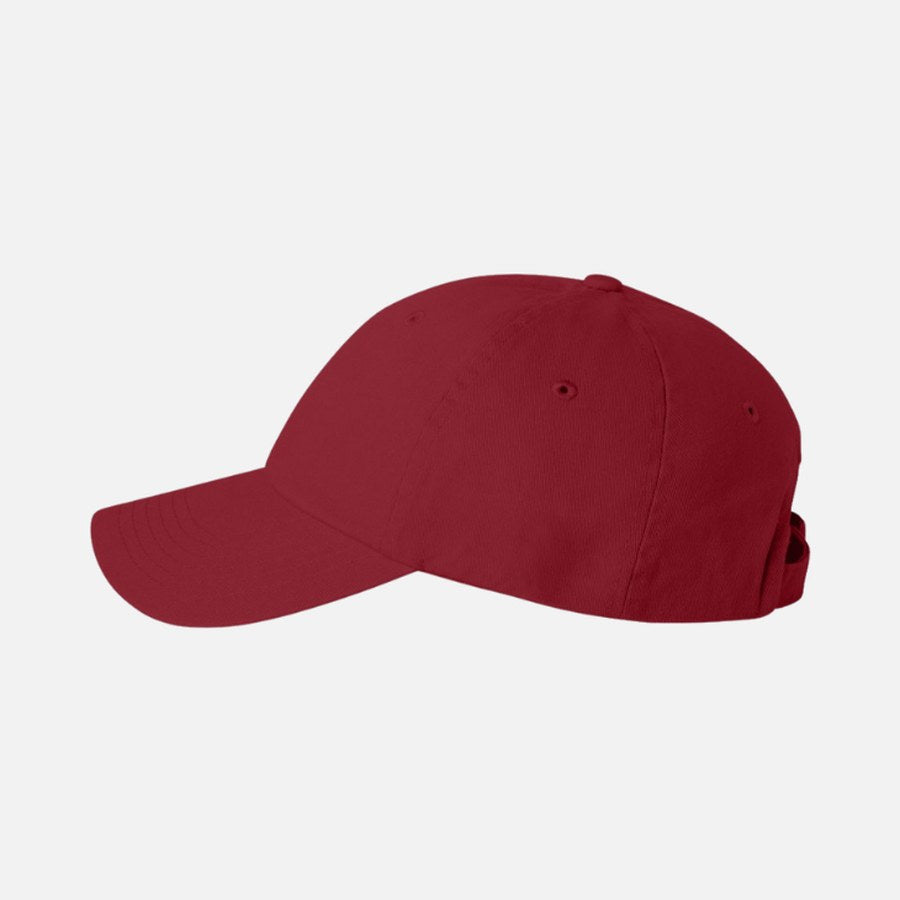 Side profile of the cap: a low, soft unstructured crown with a gently curved bill