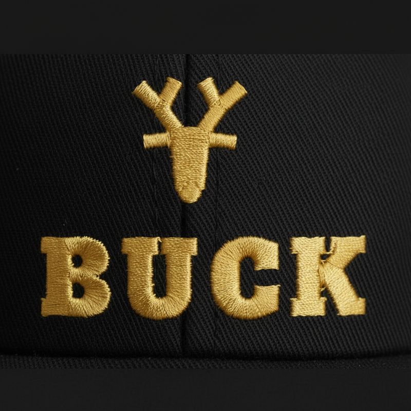 Close-up of a black cap with BUCK embroidered in gold thread beside a deer icon