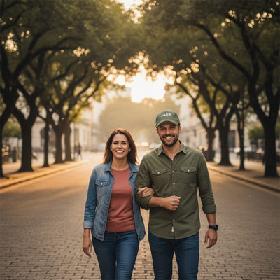 A couple walking in matching embroidered caps