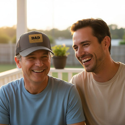 A dad on the porch wearing a custom leather patch trucker cap