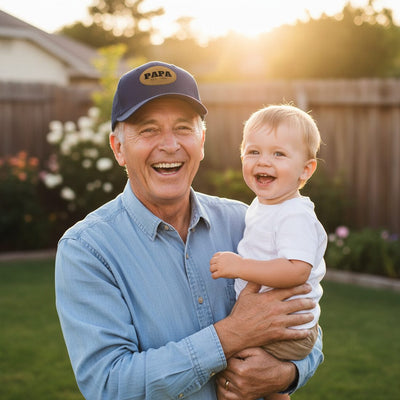 A grandpa wearing a leather patch cap reading PAPA