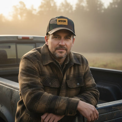 A hunter by a truck wearing a camo leather patch cap