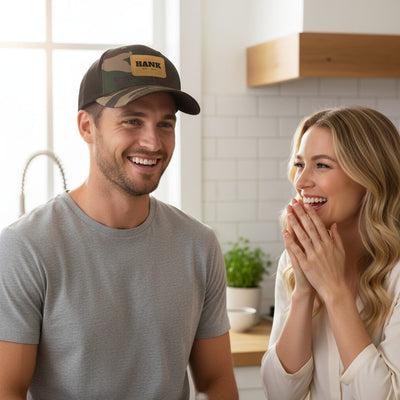 A husband in the kitchen wearing a custom leather patch cap